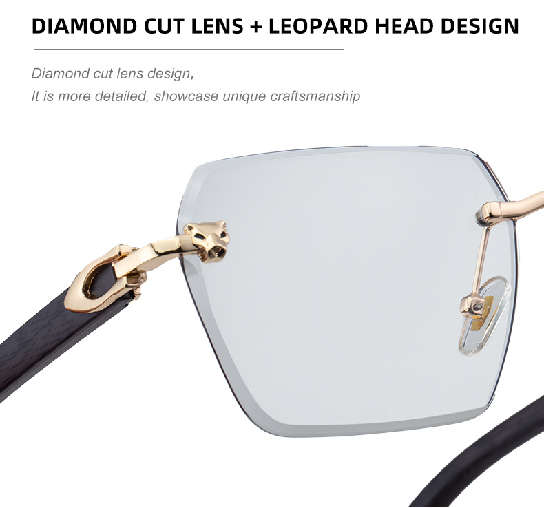 New Men's Premium Photochromic Square Sunglasses – Rimless Retro Design with Leopard Head & Wood Grain Pattern for Outdoor Driving Details and Specifications