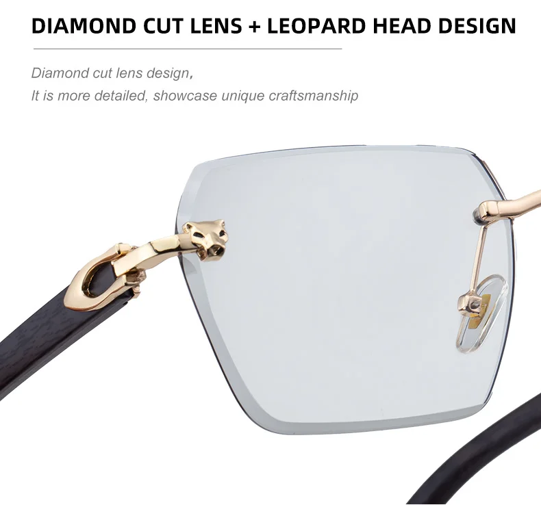 Black PC New Men's Premium Photochromic Square Sunglasses – Rimless Retro Design with Leopard Head & Wood Grain Pattern for Outdoor Driving - Details 13