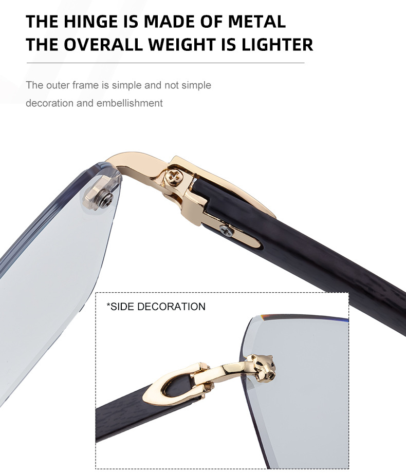Black PC New Men's Premium Photochromic Square Sunglasses – Rimless Retro Design with Leopard Head & Wood Grain Pattern for Outdoor Driving - Details 15