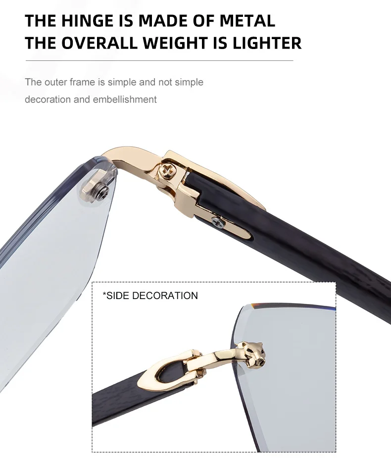 Black PC New Men's Premium Photochromic Square Sunglasses – Rimless Retro Design with Leopard Head & Wood Grain Pattern for Outdoor Driving - Details 15