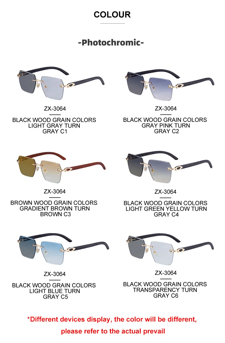 Black PC New Men's Premium Photochromic Square Sunglasses – Rimless Retro Design with Leopard Head & Wood Grain Pattern for Outdoor Driving - Details 17