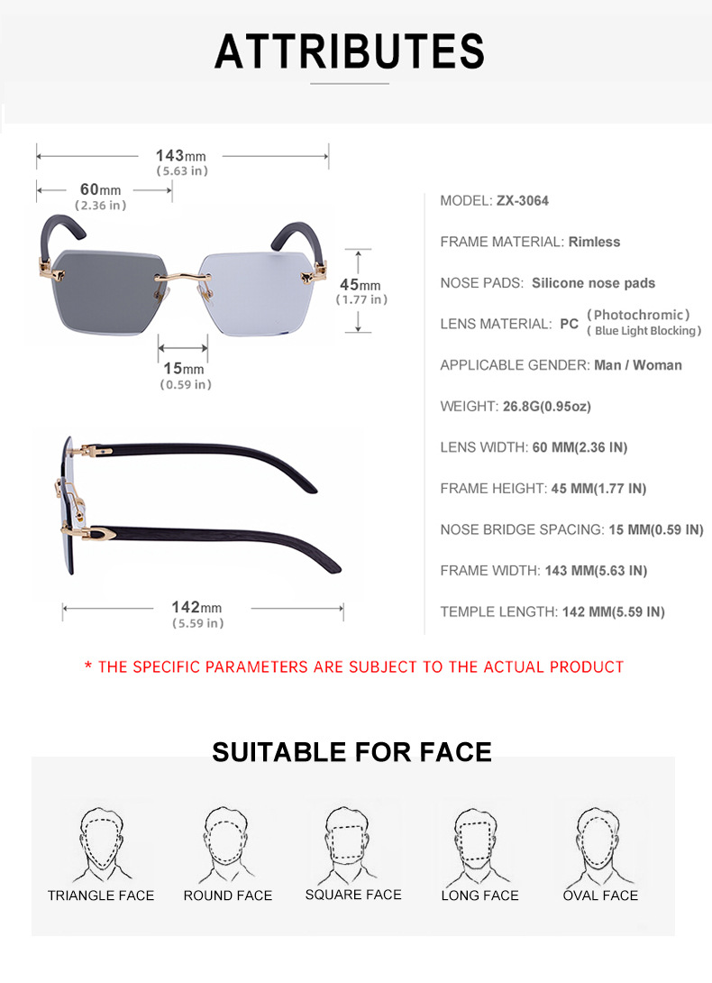 Black PC New Men's Premium Photochromic Square Sunglasses – Rimless Retro Design with Leopard Head & Wood Grain Pattern for Outdoor Driving - Details 18