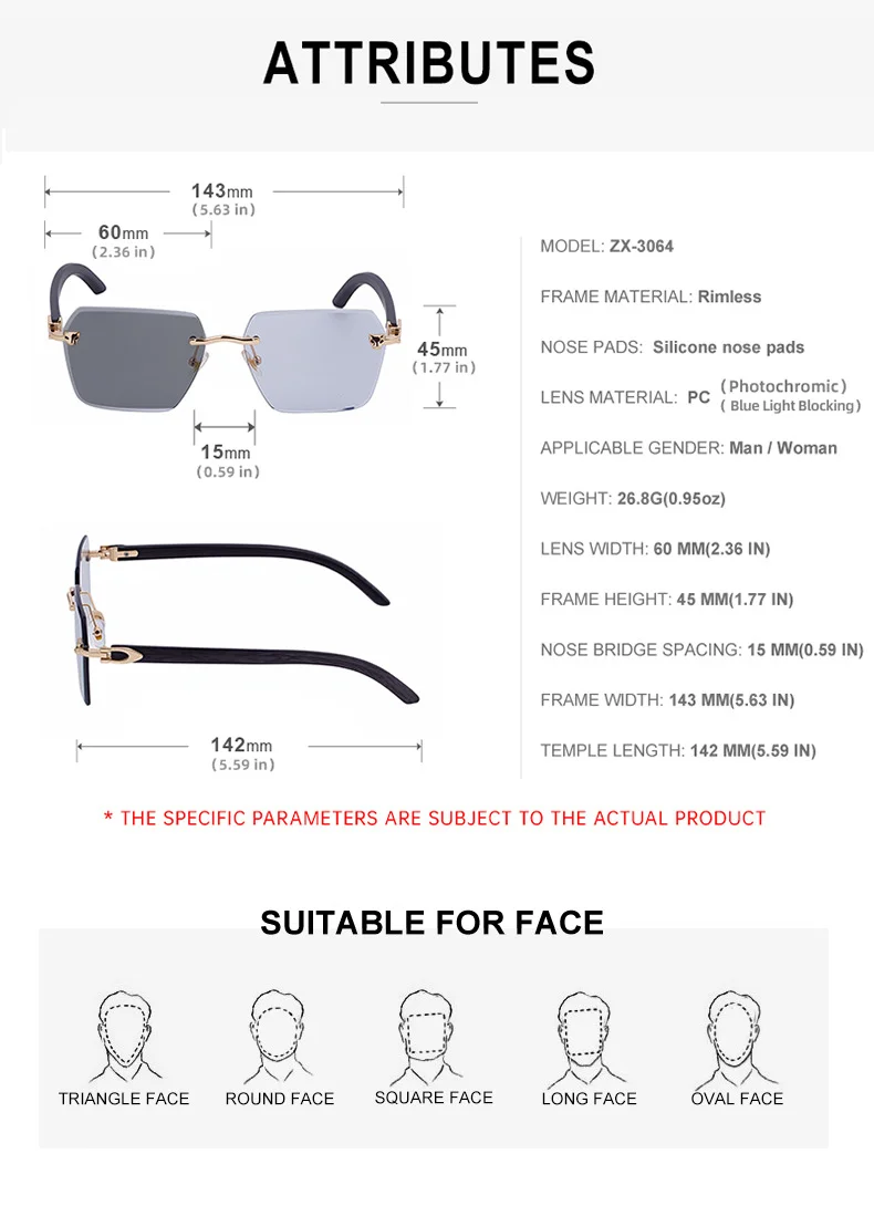 Black PC New Men's Premium Photochromic Square Sunglasses – Rimless Retro Design with Leopard Head & Wood Grain Pattern for Outdoor Driving - Details 18