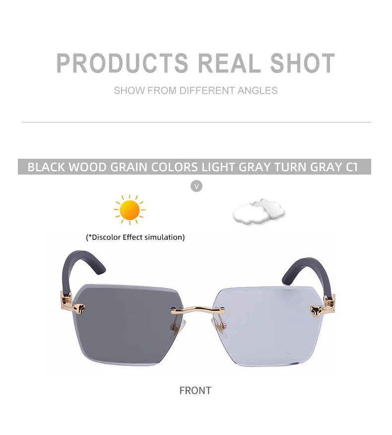 Black PC New Men's Premium Photochromic Square Sunglasses – Rimless Retro Design with Leopard Head & Wood Grain Pattern for Outdoor Driving - Details 19