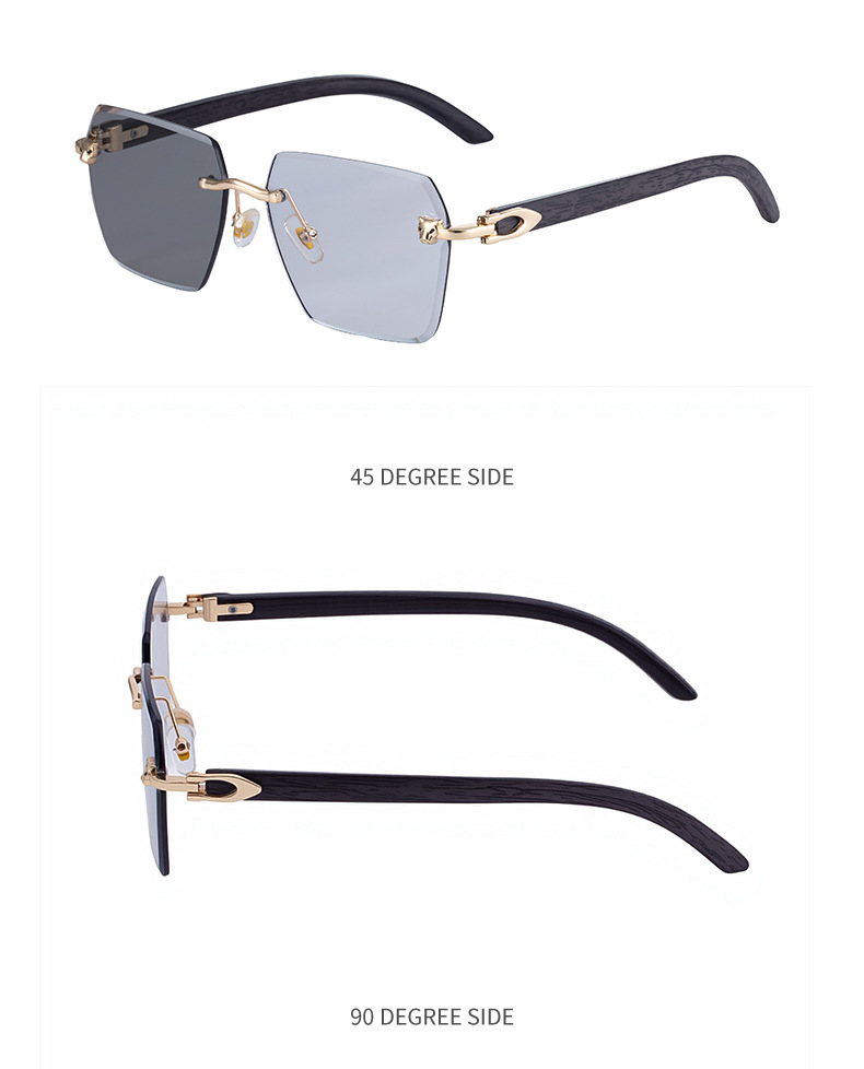 Black PC New Men's Premium Photochromic Square Sunglasses – Rimless Retro Design with Leopard Head & Wood Grain Pattern for Outdoor Driving - Details 20