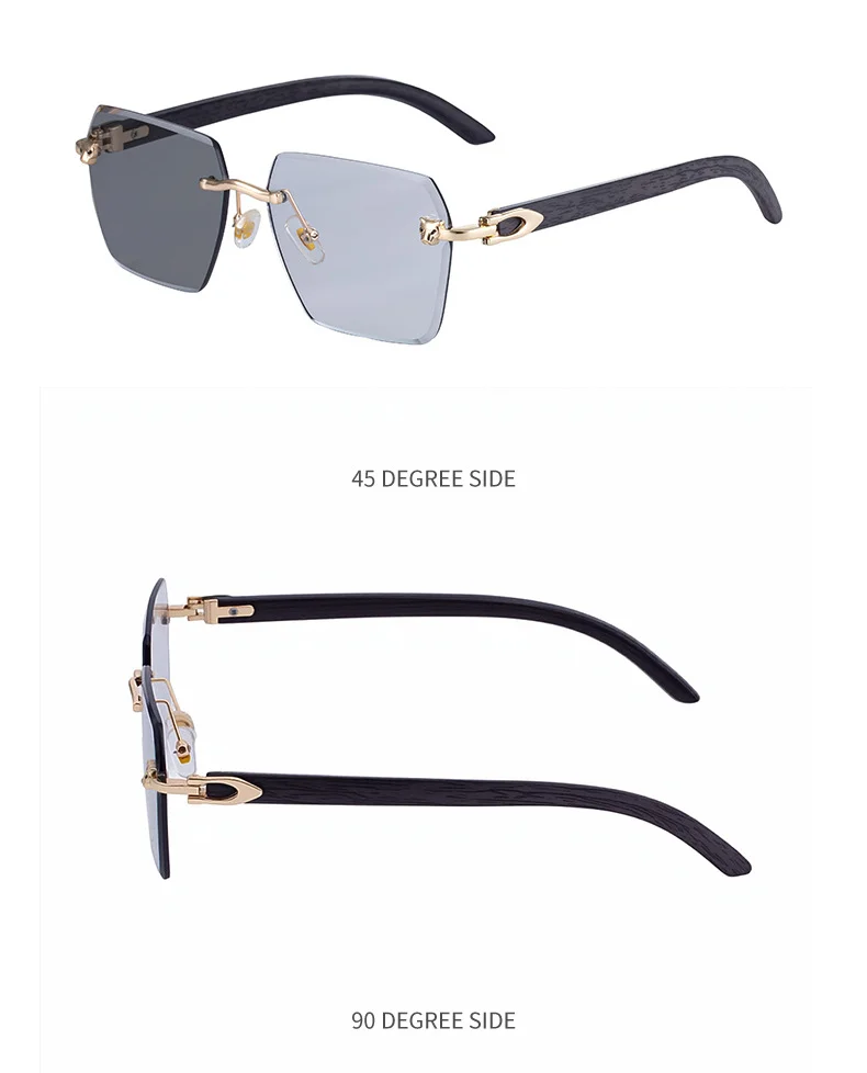 Black PC New Men's Premium Photochromic Square Sunglasses – Rimless Retro Design with Leopard Head & Wood Grain Pattern for Outdoor Driving - Details 20