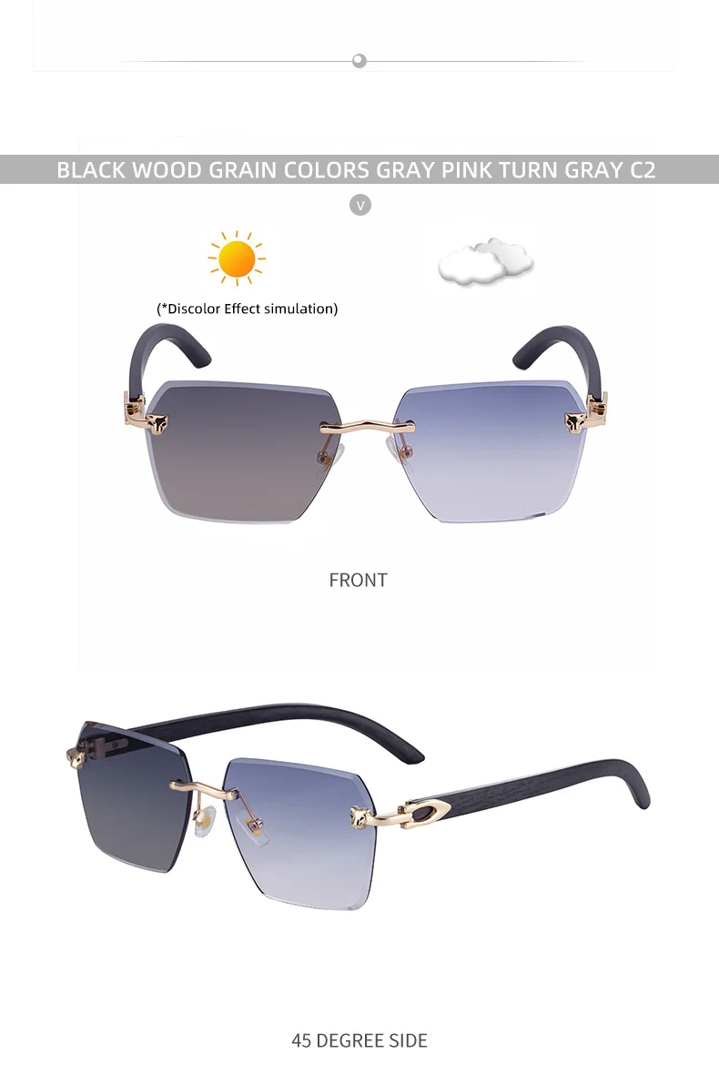 Black PC New Men's Premium Photochromic Square Sunglasses – Rimless Retro Design with Leopard Head & Wood Grain Pattern for Outdoor Driving - Details 21