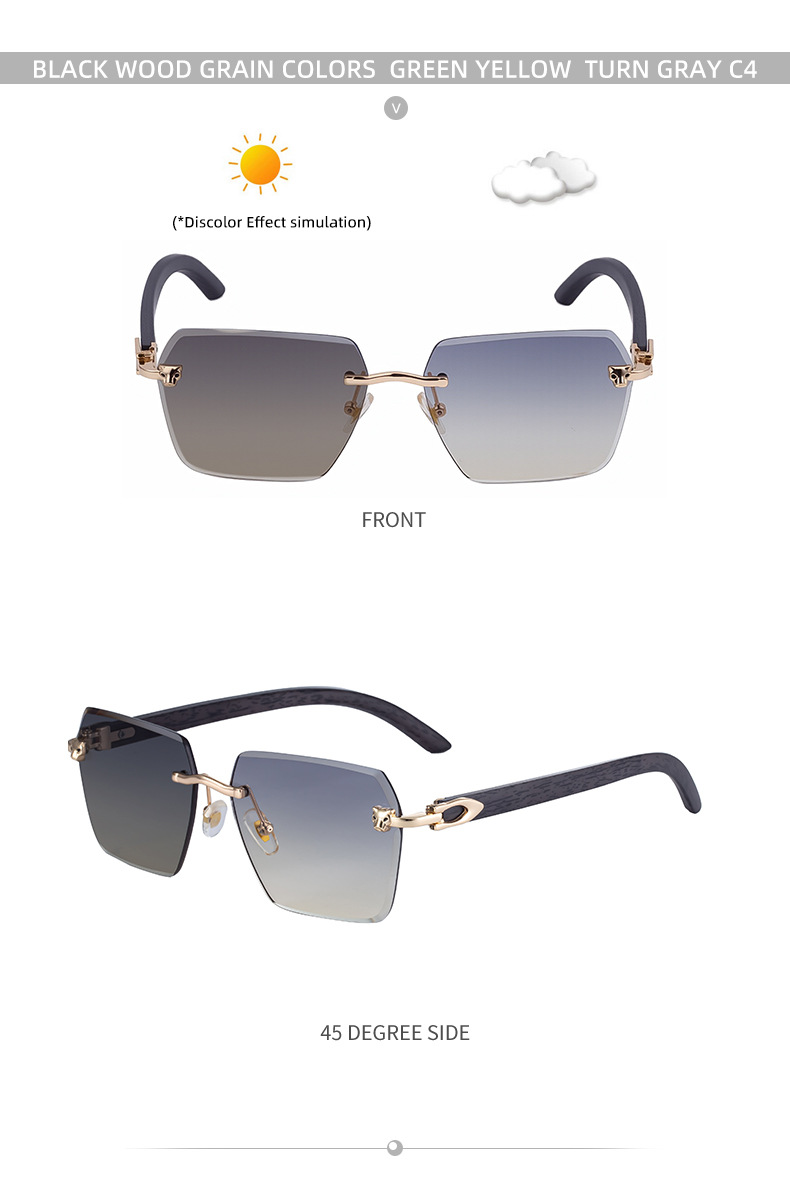 Black PC New Men's Premium Photochromic Square Sunglasses – Rimless Retro Design with Leopard Head & Wood Grain Pattern for Outdoor Driving - Details 23