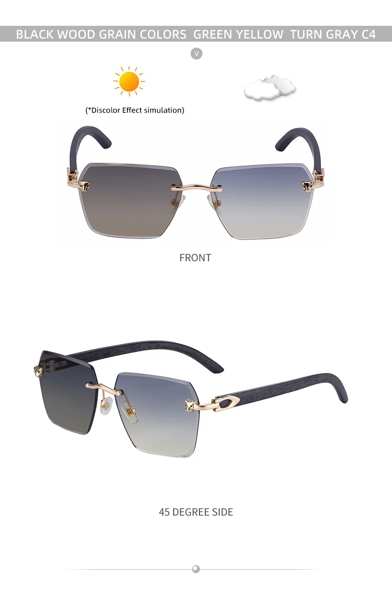 Black PC New Men's Premium Photochromic Square Sunglasses – Rimless Retro Design with Leopard Head & Wood Grain Pattern for Outdoor Driving - Details 23