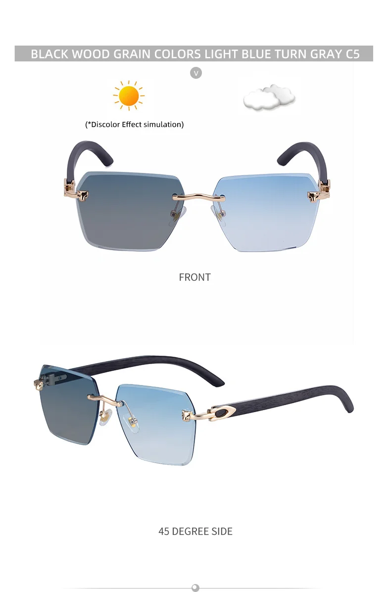 Black PC New Men's Premium Photochromic Square Sunglasses – Rimless Retro Design with Leopard Head & Wood Grain Pattern for Outdoor Driving - Details 24