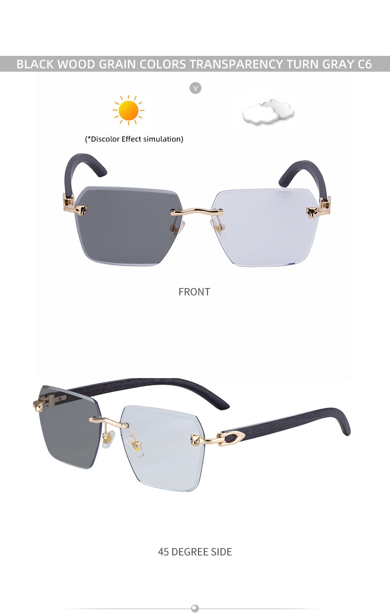 New Men's Premium Photochromic Square Sunglasses – Rimless Retro Design with Leopard Head & Wood Grain Pattern for Outdoor Driving Details and Specifications