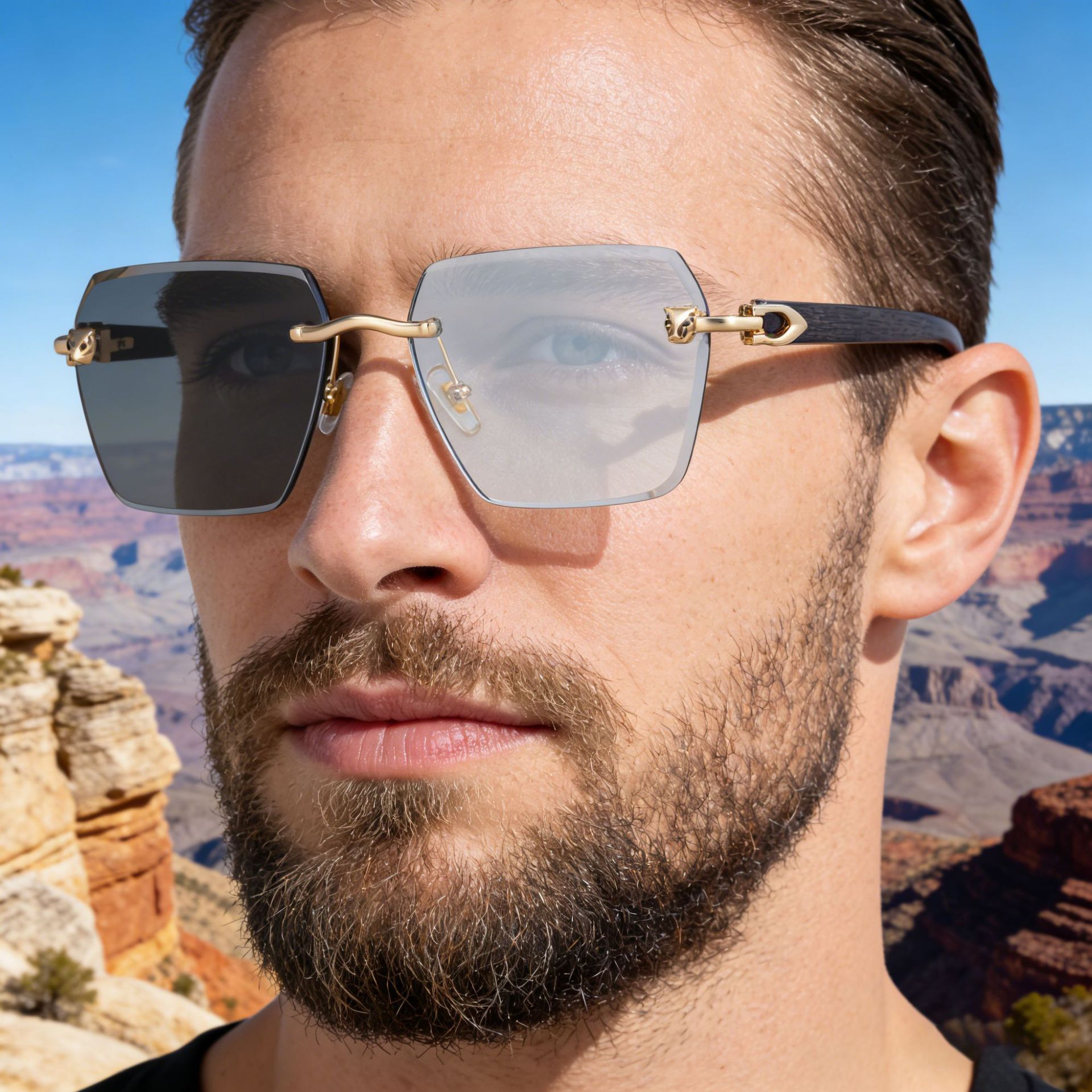 New Men's Premium Photochromic Square Sunglasses – Rimless Retro Design with Leopard Head & Wood Grain Pattern for Outdoor Driving