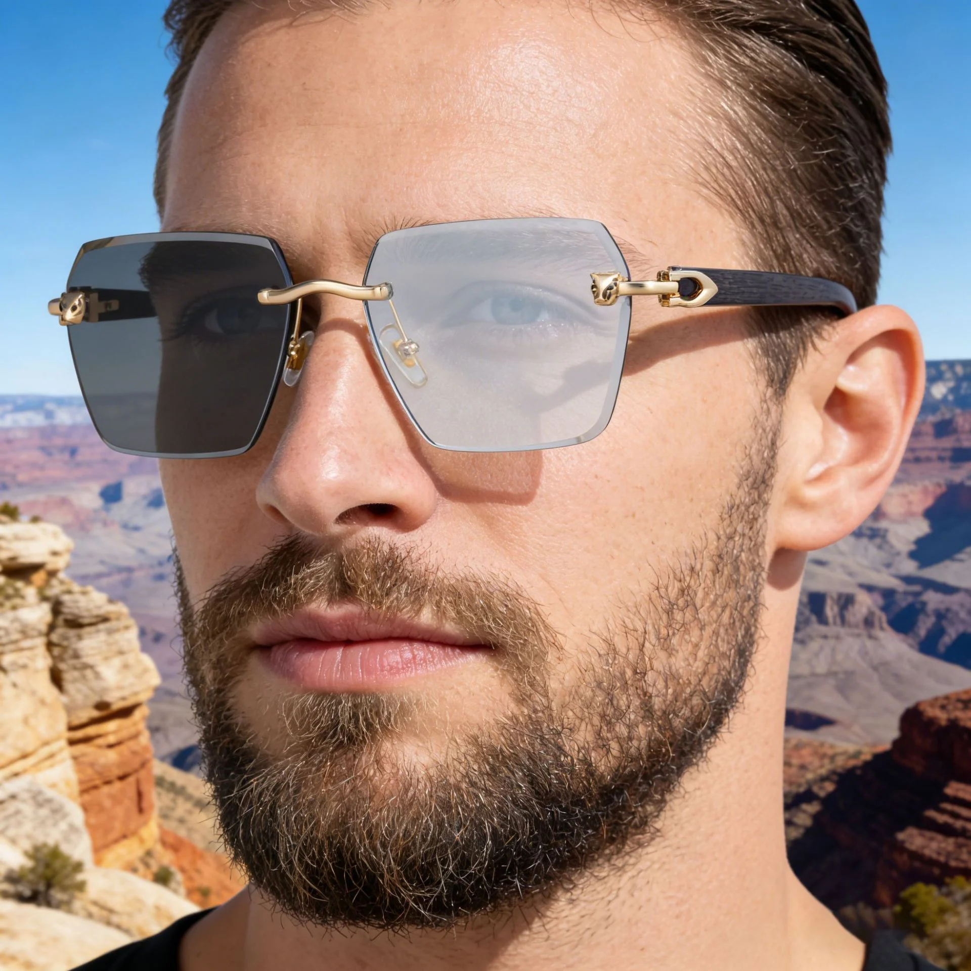 New Men's Premium Photochromic Square Sunglasses – Rimless Retro Design with Leopard Head & Wood Grain Pattern for Outdoor Driving
