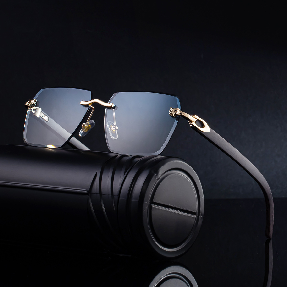 Black PC New Men's Premium Photochromic Square Sunglasses – Rimless Retro Design with Leopard Head & Wood Grain Pattern for Outdoor Driving - View 2