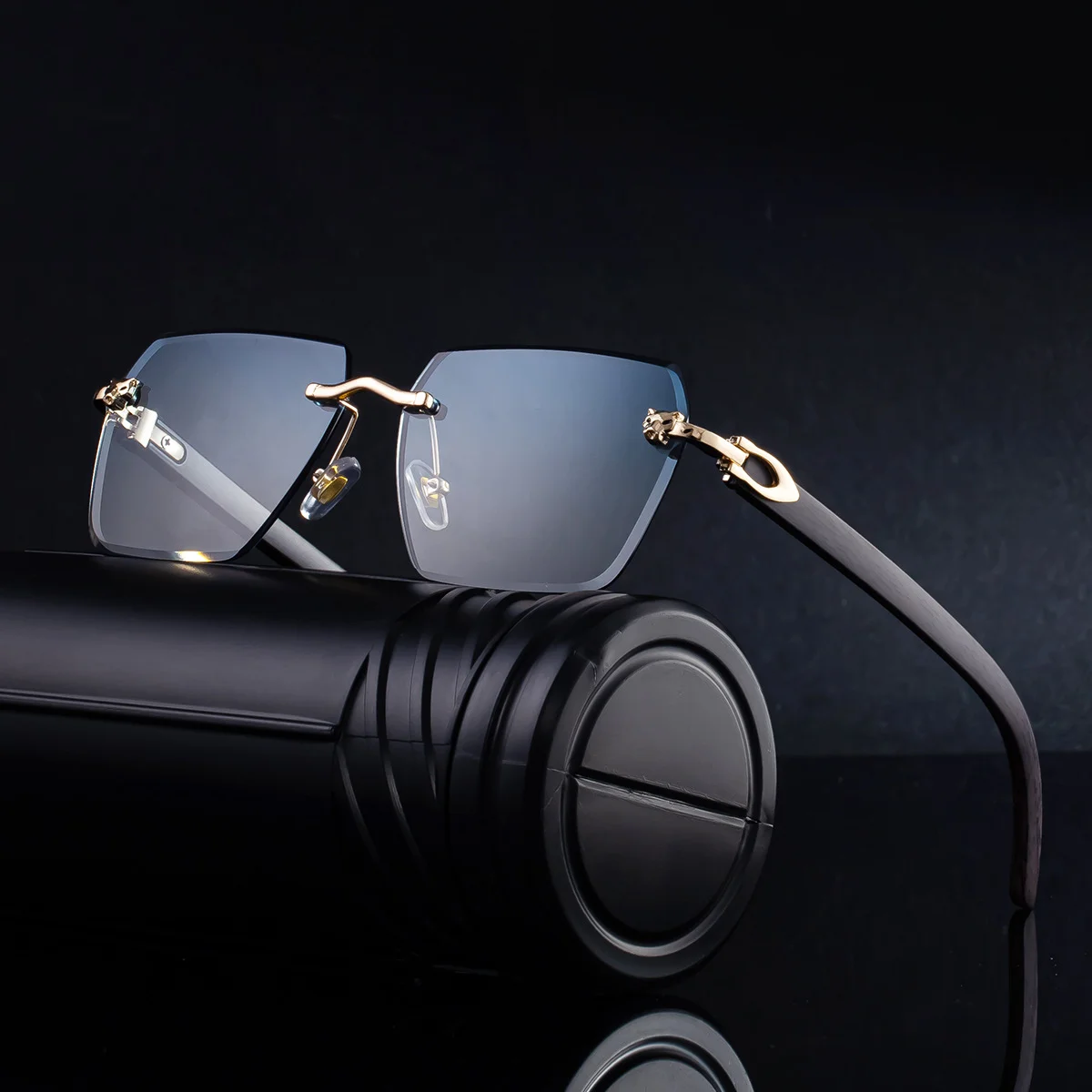 Black PC New Men's Premium Photochromic Square Sunglasses – Rimless Retro Design with Leopard Head & Wood Grain Pattern for Outdoor Driving - View 2