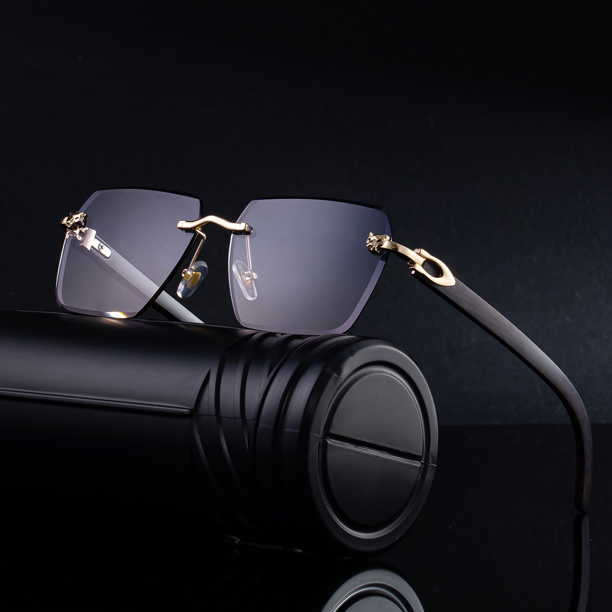 Black PC New Men's Premium Photochromic Square Sunglasses – Rimless Retro Design with Leopard Head & Wood Grain Pattern for Outdoor Driving - View 3