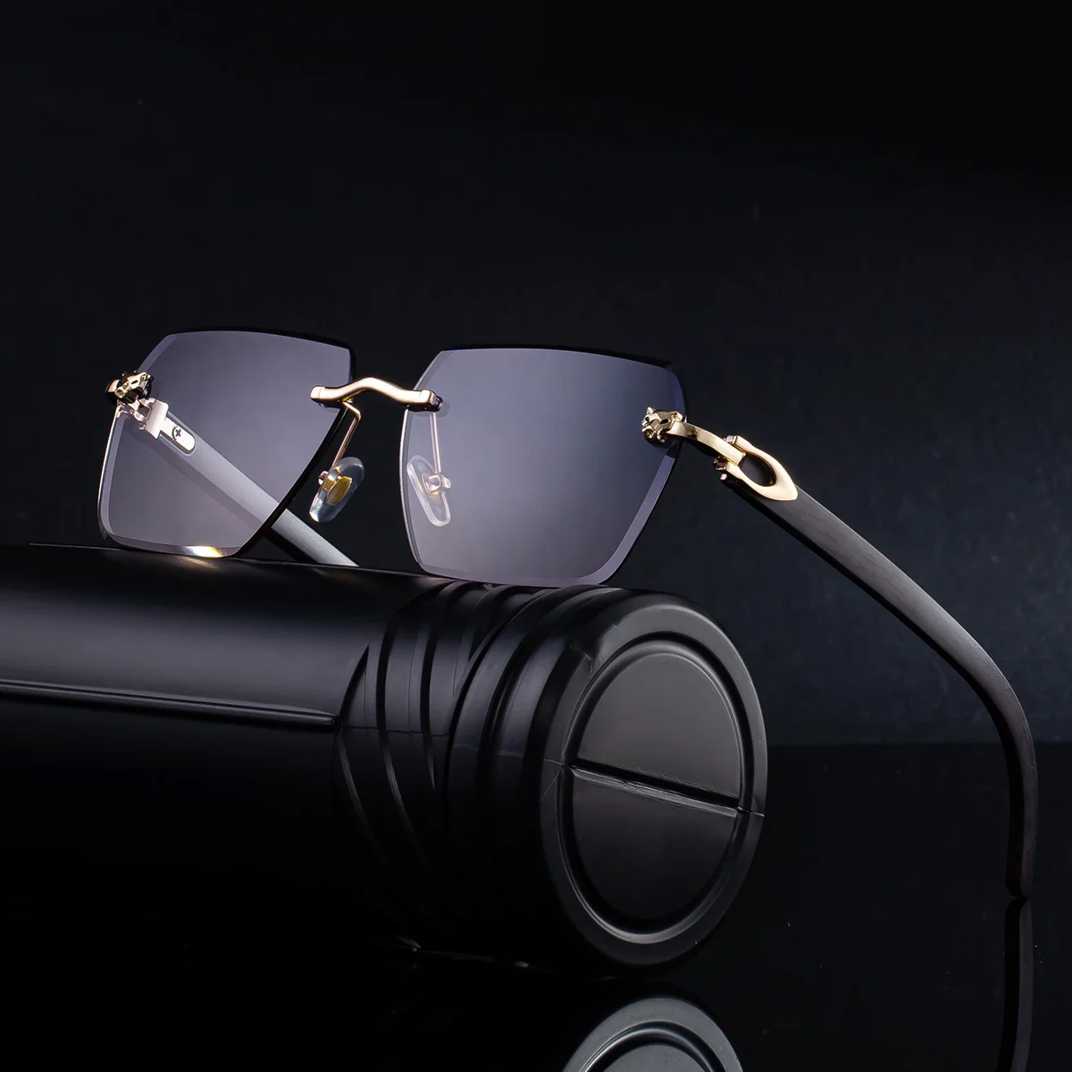 Black PC New Men's Premium Photochromic Square Sunglasses – Rimless Retro Design with Leopard Head & Wood Grain Pattern for Outdoor Driving - View 3