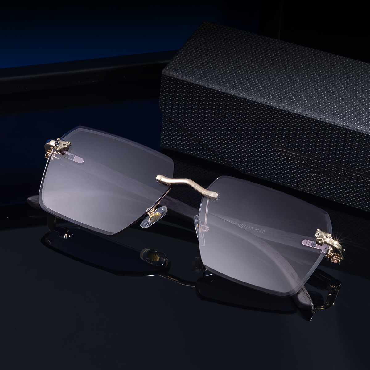 New Men's Premium Photochromic Square Sunglasses – Rimless Retro Design with Leopard Head & Wood Grain Pattern for Outdoor Driving Custom Eyewear