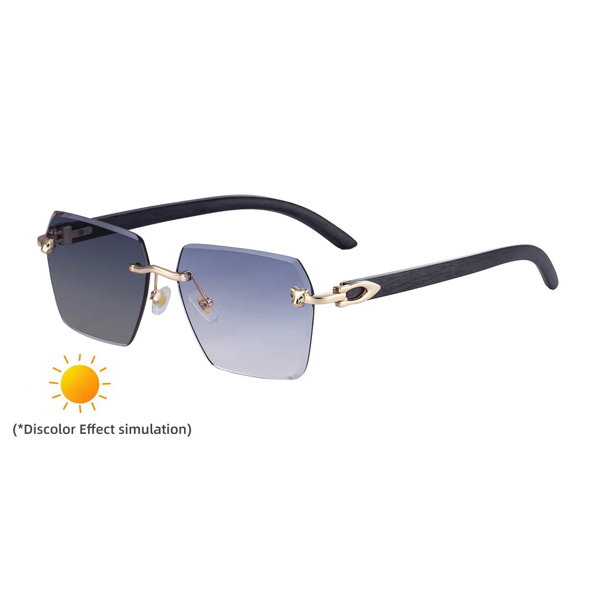 Black PC New Men's Premium Photochromic Square Sunglasses – Rimless Retro Design with Leopard Head & Wood Grain Pattern for Outdoor Driving - View 5