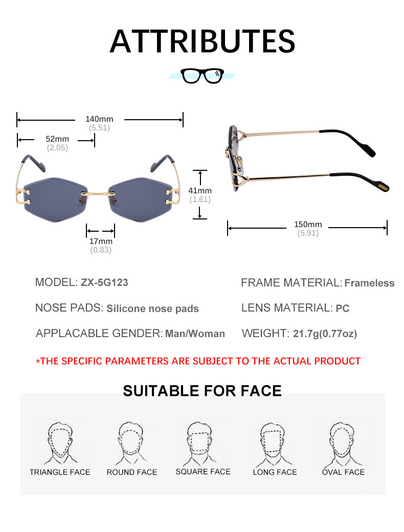 2026 New Fashion Rimless Sunglasses for Women – Trendy Metal Temple Street Style UV400 Outdoor Sun Glasses Details and Specifications