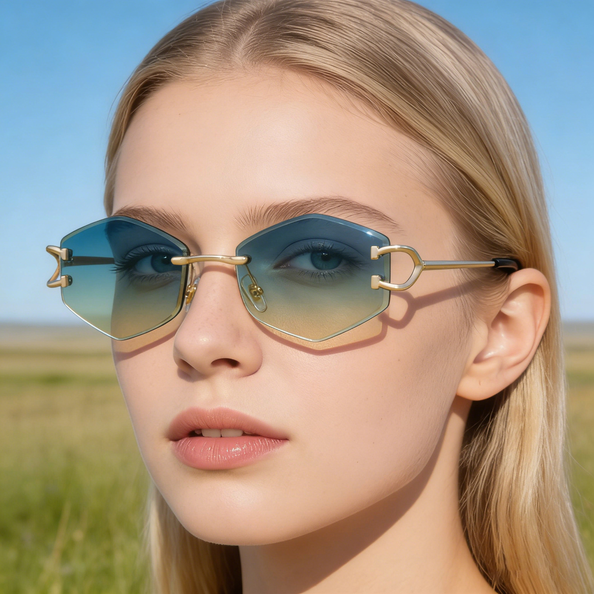 2026 New Fashion Rimless Sunglasses for Women – Trendy Metal Temple Street Style UV400 Outdoor Sun Glasses Custom Eyewear