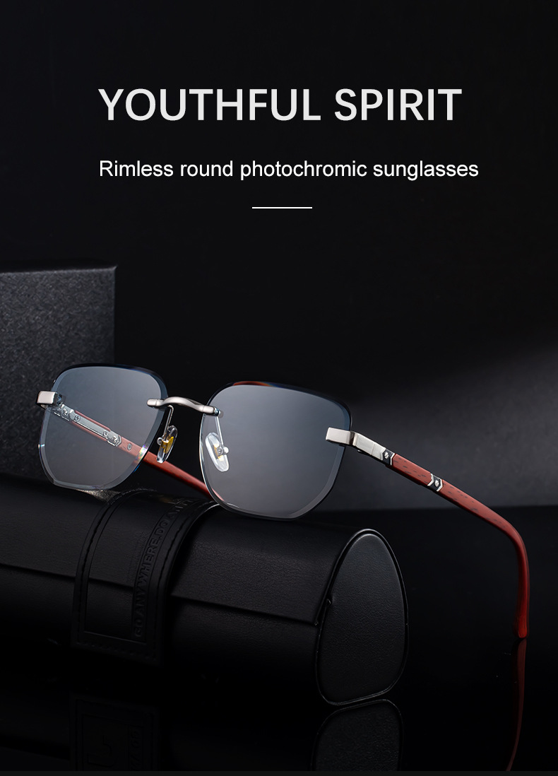 Black PC 2026 New Auto-Photochromic Rimless Sunglasses for Men & Women – Premium Instant Color-Changing Glasses with Faux Wood Grain Temples - Details 1