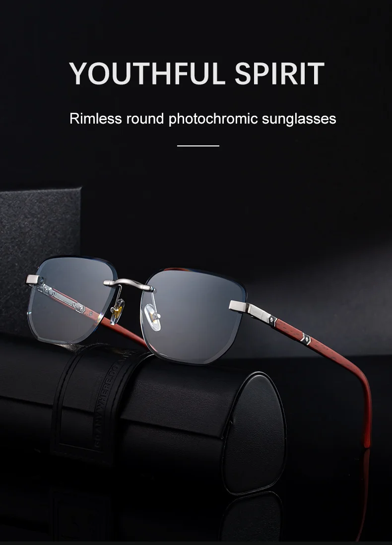 Black PC 2026 New Auto-Photochromic Rimless Sunglasses for Men & Women – Premium Instant Color-Changing Glasses with Faux Wood Grain Temples - Details 1