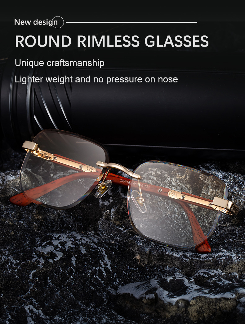 2026 New Auto-Photochromic Rimless Sunglasses for Men & Women – Premium Instant Color-Changing Glasses with Faux Wood Grain Temples Details and Specifications