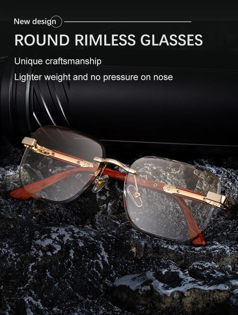 Black PC 2026 New Auto-Photochromic Rimless Sunglasses for Men & Women – Premium Instant Color-Changing Glasses with Faux Wood Grain Temples - Details 2