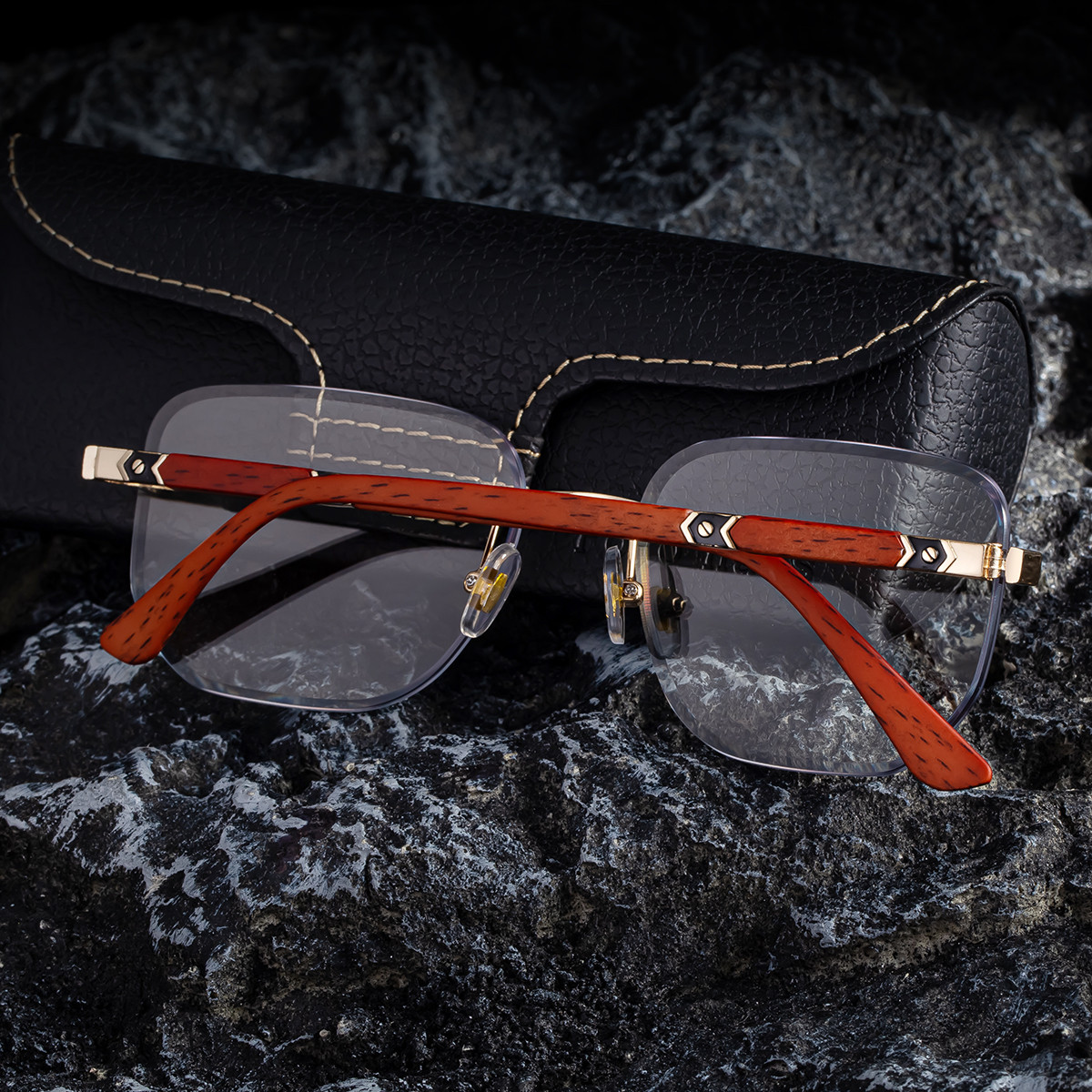 Black PC 2026 New Auto-Photochromic Rimless Sunglasses for Men & Women – Premium Instant Color-Changing Glasses with Faux Wood Grain Temples - Details 3