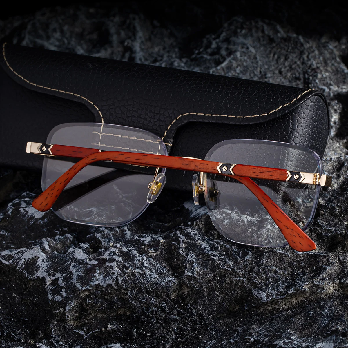 Black PC 2026 New Auto-Photochromic Rimless Sunglasses for Men & Women – Premium Instant Color-Changing Glasses with Faux Wood Grain Temples - Details 3