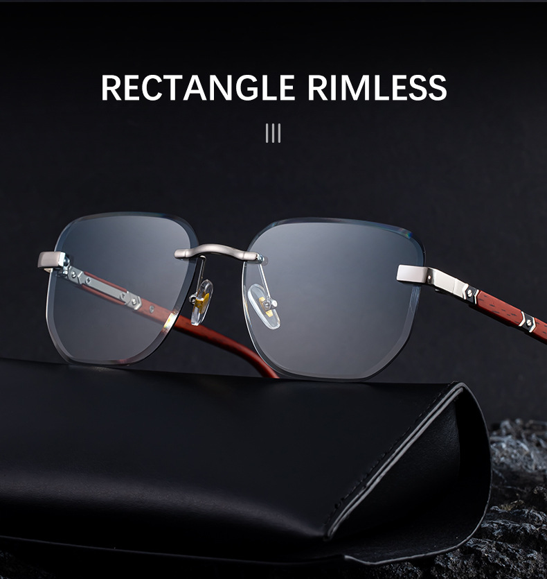 Black PC 2026 New Auto-Photochromic Rimless Sunglasses for Men & Women – Premium Instant Color-Changing Glasses with Faux Wood Grain Temples - Details 5