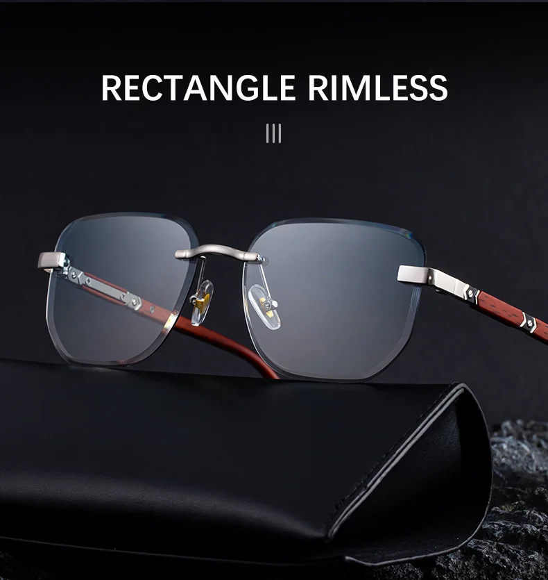 Black PC 2026 New Auto-Photochromic Rimless Sunglasses for Men & Women – Premium Instant Color-Changing Glasses with Faux Wood Grain Temples - Details 5