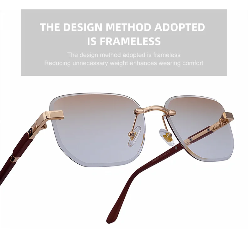 Black PC 2026 New Auto-Photochromic Rimless Sunglasses for Men & Women – Premium Instant Color-Changing Glasses with Faux Wood Grain Temples - Details 10