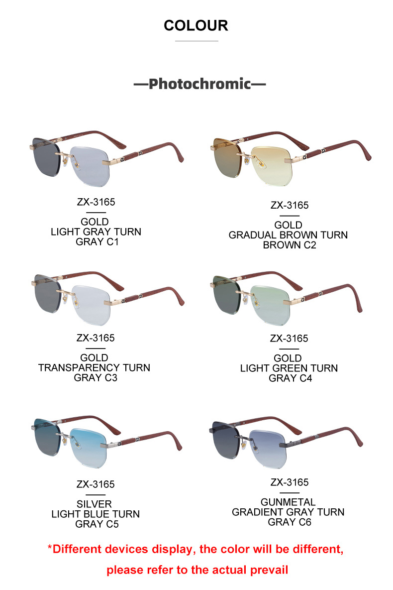 2026 New Auto-Photochromic Rimless Sunglasses for Men & Women – Premium Instant Color-Changing Glasses with Faux Wood Grain Temples Details and Specifications