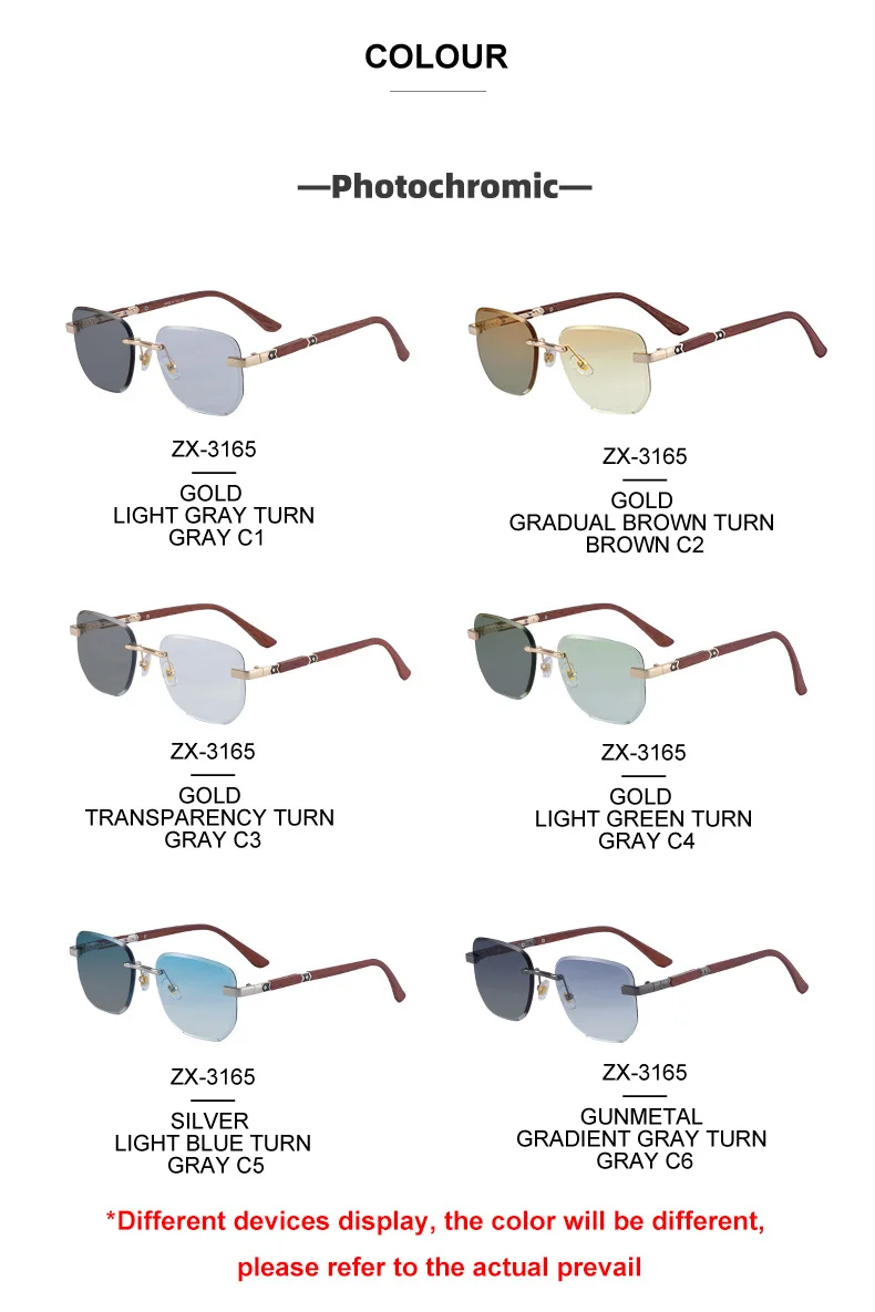 Black PC 2026 New Auto-Photochromic Rimless Sunglasses for Men & Women – Premium Instant Color-Changing Glasses with Faux Wood Grain Temples - Details 14