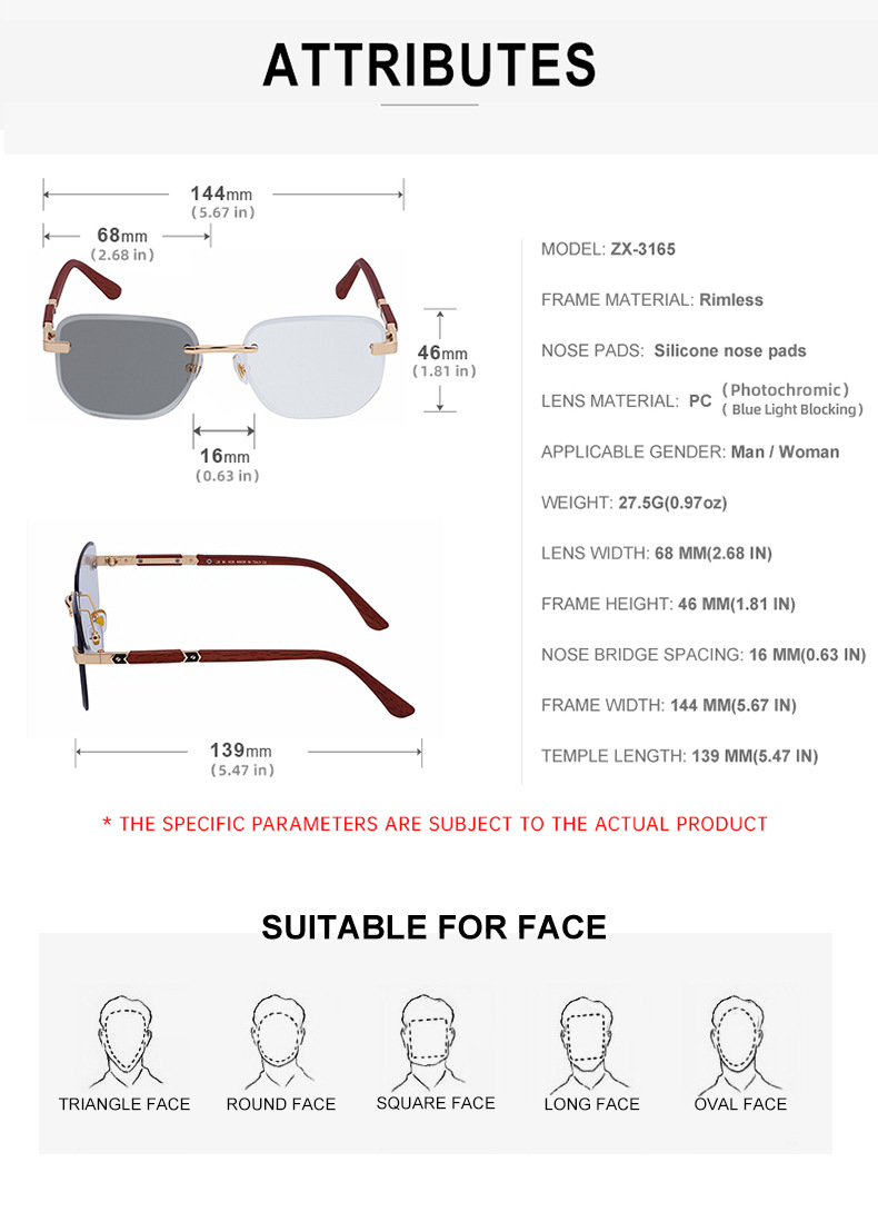 2026 New Auto-Photochromic Rimless Sunglasses for Men & Women – Premium Instant Color-Changing Glasses with Faux Wood Grain Temples Details and Specifications