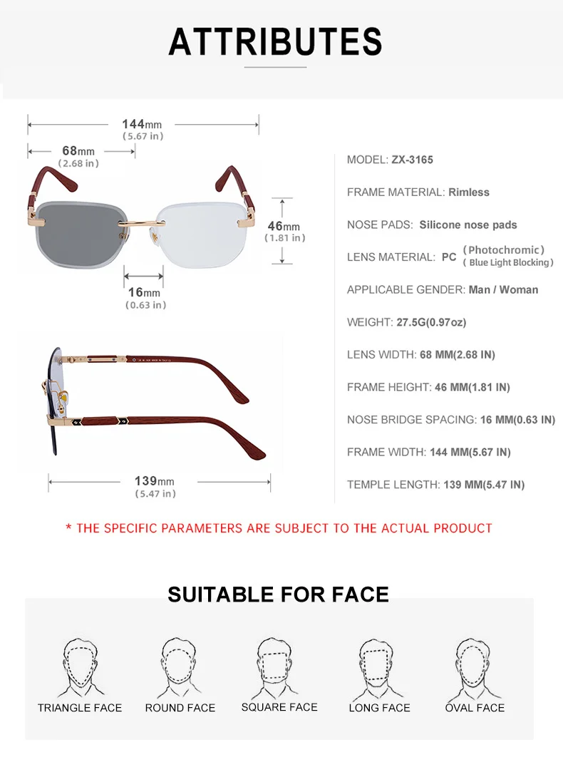Black PC 2026 New Auto-Photochromic Rimless Sunglasses for Men & Women – Premium Instant Color-Changing Glasses with Faux Wood Grain Temples - Details 15