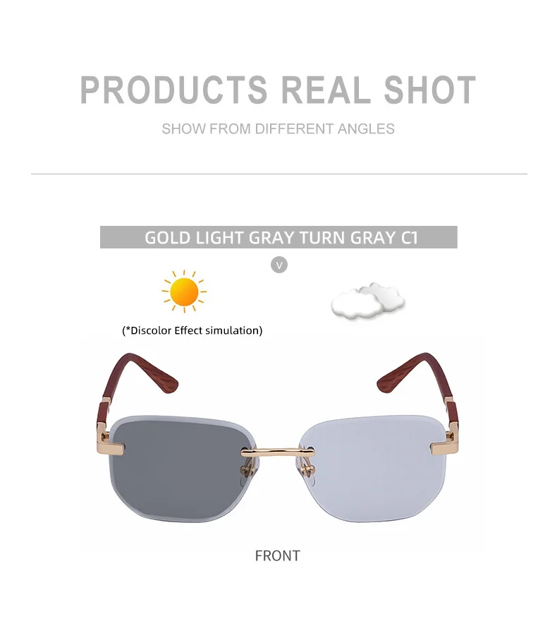 Black PC 2026 New Auto-Photochromic Rimless Sunglasses for Men & Women – Premium Instant Color-Changing Glasses with Faux Wood Grain Temples - Details 16
