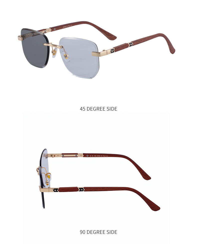 2026 New Auto-Photochromic Rimless Sunglasses for Men & Women – Premium Instant Color-Changing Glasses with Faux Wood Grain Temples Details and Specifications