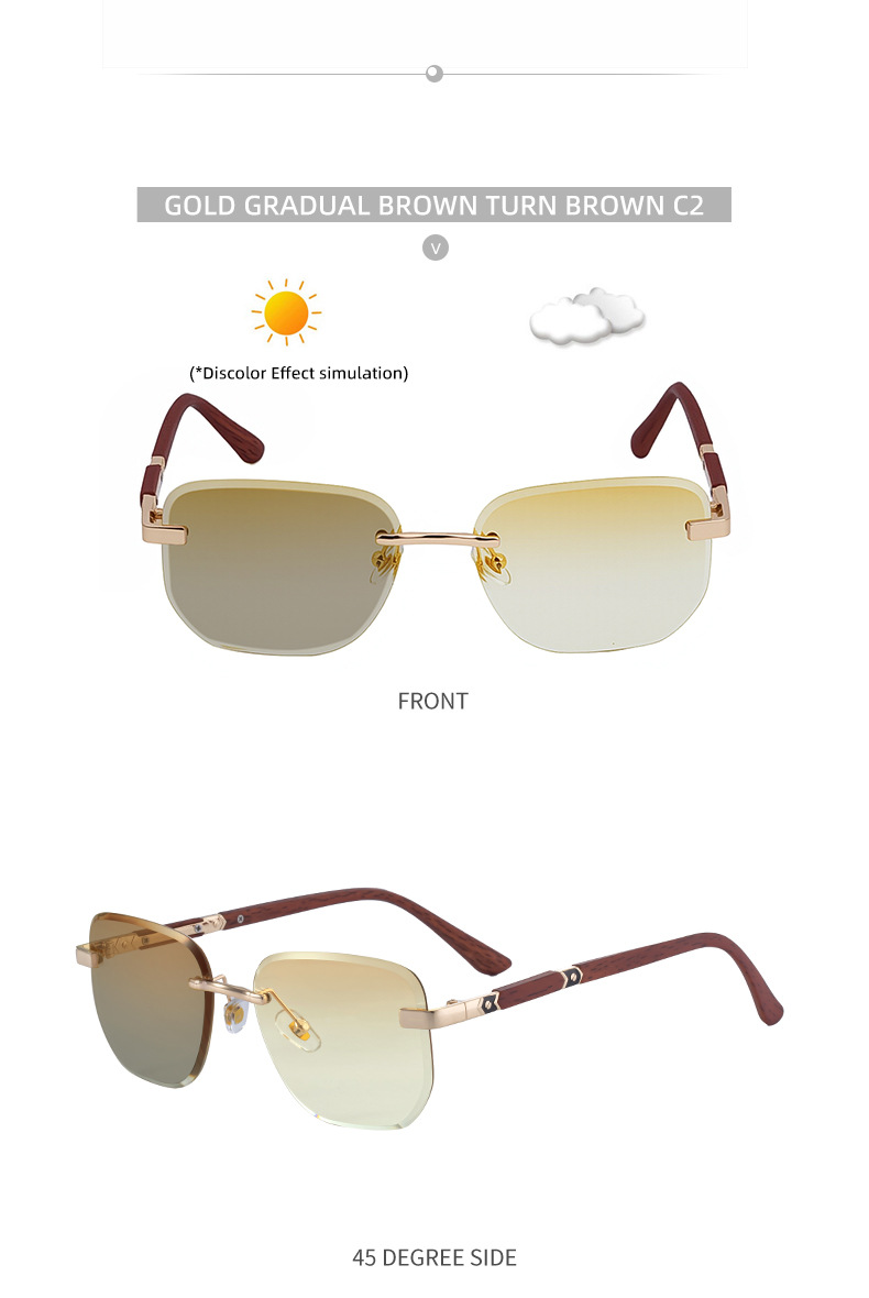 Black PC 2026 New Auto-Photochromic Rimless Sunglasses for Men & Women – Premium Instant Color-Changing Glasses with Faux Wood Grain Temples - Details 18