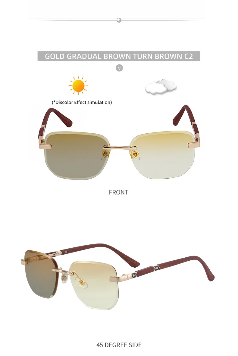 Black PC 2026 New Auto-Photochromic Rimless Sunglasses for Men & Women – Premium Instant Color-Changing Glasses with Faux Wood Grain Temples - Details 18