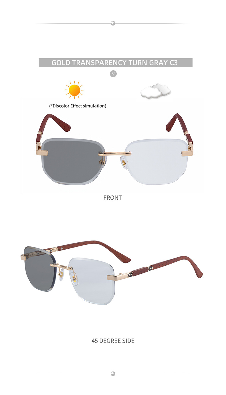 2026 New Auto-Photochromic Rimless Sunglasses for Men & Women – Premium Instant Color-Changing Glasses with Faux Wood Grain Temples Details and Specifications