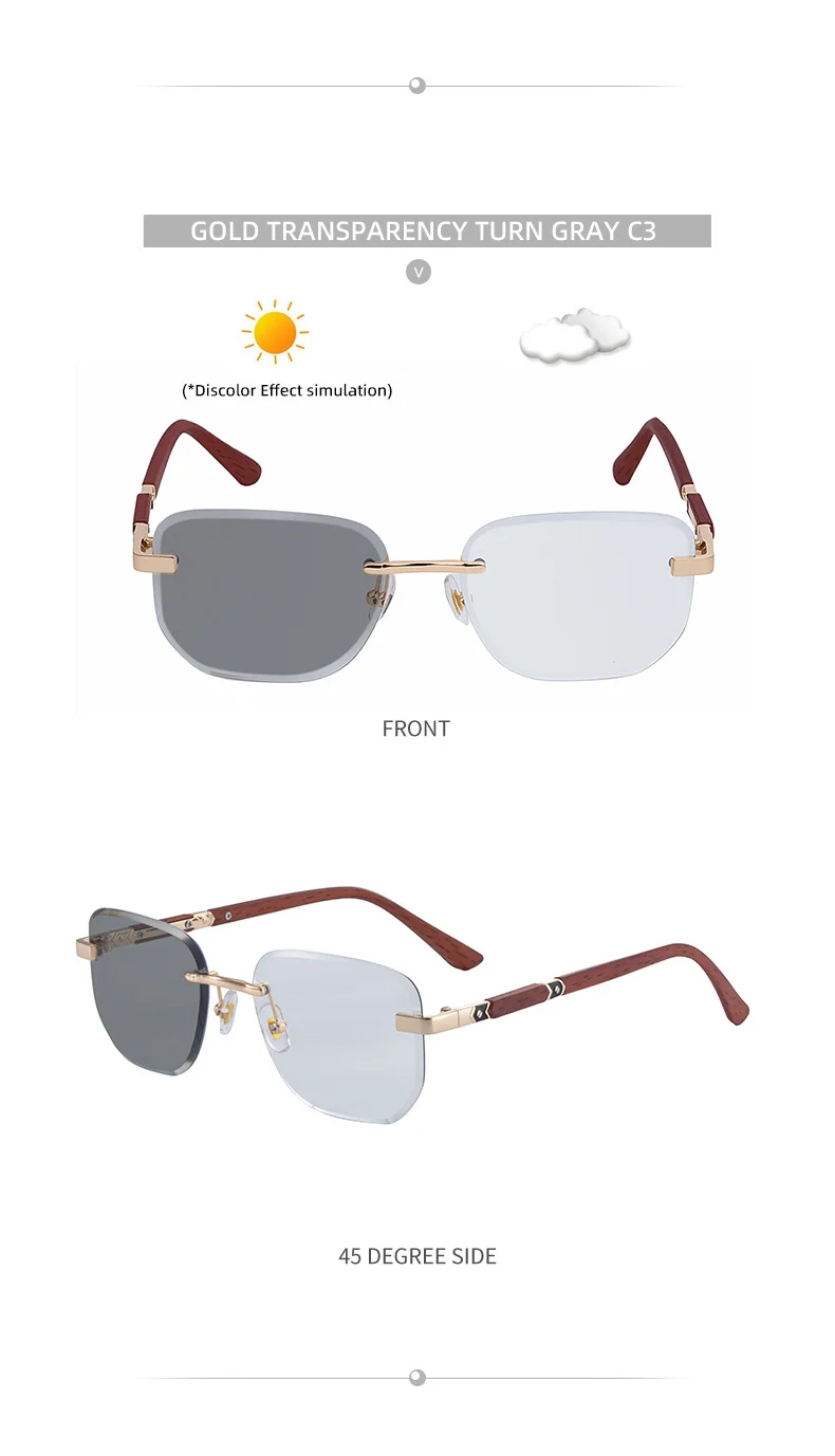 Black PC 2026 New Auto-Photochromic Rimless Sunglasses for Men & Women – Premium Instant Color-Changing Glasses with Faux Wood Grain Temples - Details 19