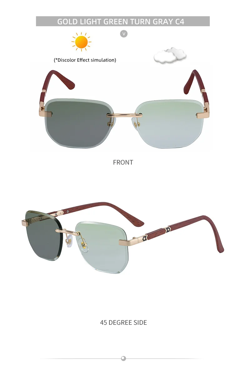 Black PC 2026 New Auto-Photochromic Rimless Sunglasses for Men & Women – Premium Instant Color-Changing Glasses with Faux Wood Grain Temples - Details 20