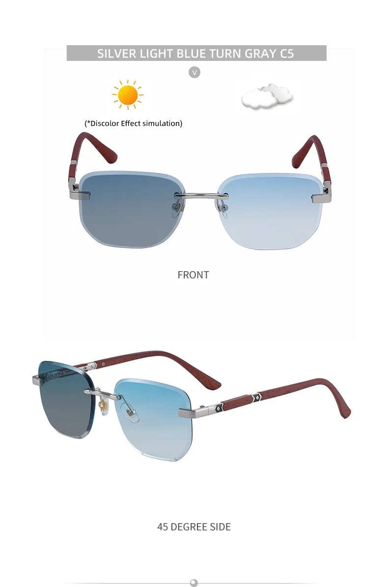 Black PC 2026 New Auto-Photochromic Rimless Sunglasses for Men & Women – Premium Instant Color-Changing Glasses with Faux Wood Grain Temples - Details 21