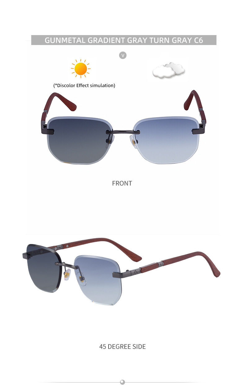 Black PC 2026 New Auto-Photochromic Rimless Sunglasses for Men & Women – Premium Instant Color-Changing Glasses with Faux Wood Grain Temples - Details 22