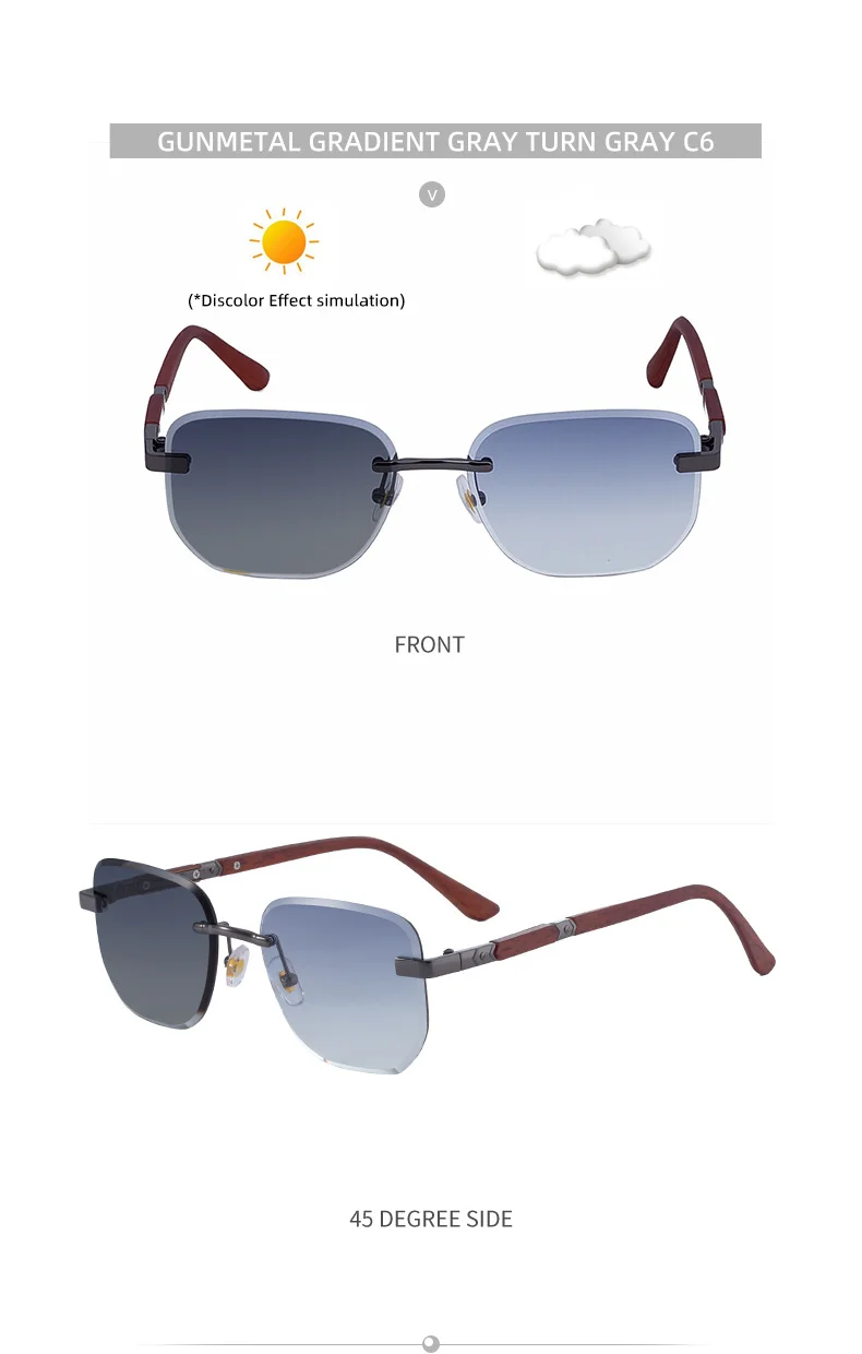 Black PC 2026 New Auto-Photochromic Rimless Sunglasses for Men & Women – Premium Instant Color-Changing Glasses with Faux Wood Grain Temples - Details 22