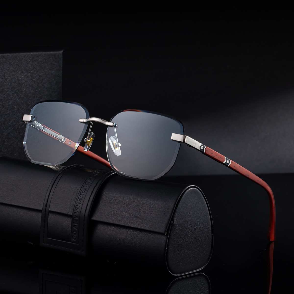 Black PC 2026 New Auto-Photochromic Rimless Sunglasses for Men & Women – Premium Instant Color-Changing Glasses with Faux Wood Grain Temples - View 2