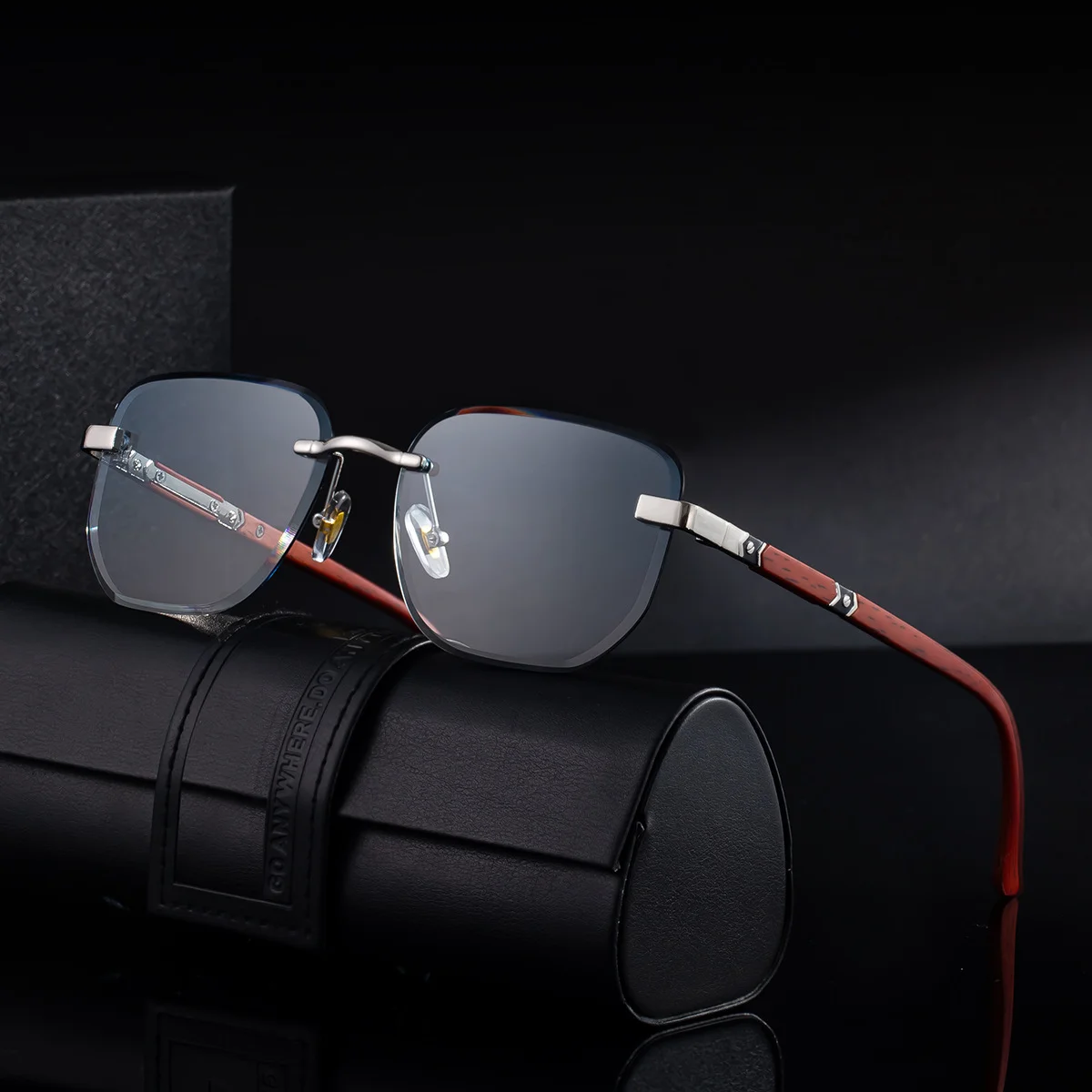 Black PC 2026 New Auto-Photochromic Rimless Sunglasses for Men & Women – Premium Instant Color-Changing Glasses with Faux Wood Grain Temples - View 2
